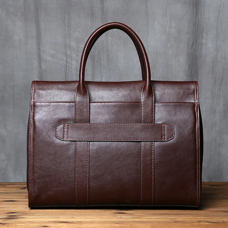 Men's Genuine Leather Briefcase – Magnetic Hasp Satchel, Trolley Sleeve, 14" Laptop