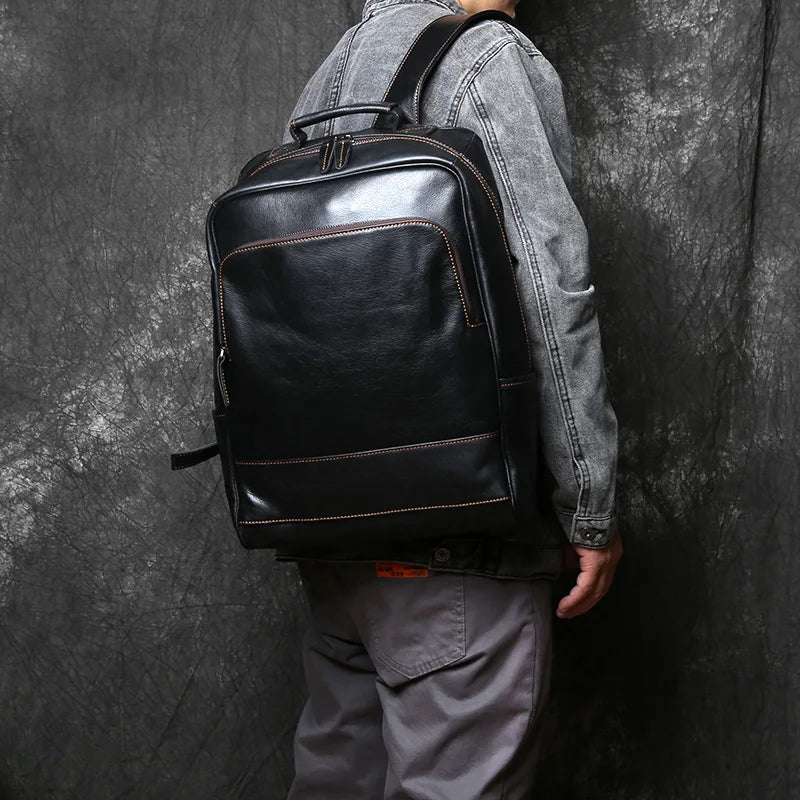 Men's Genuine Leather Backpack – Handmade Natural Cowhide, Full Leather Back Panel, 15.6" Laptop