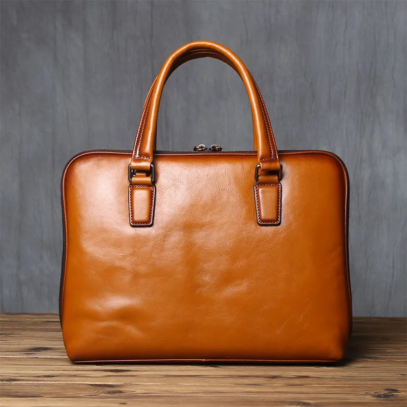 Men's Genuine Leather Briefcase – Slim Vintage Cowhide, Double Zipper, 14" Laptop, 1kg