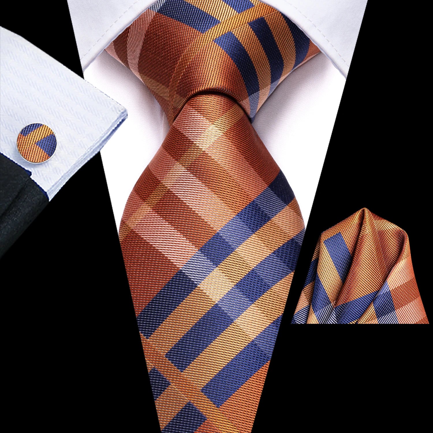 Hi-Tie Men's Striped Silk Necktie Set – Tie, Pocket Square & Cufflinks | Extra Long 170cm