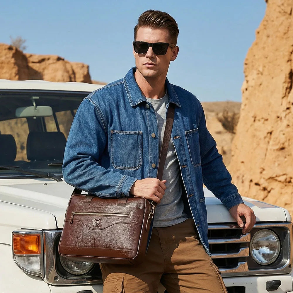 BULLCAPTAIN Genuine Leather Briefcase | 14" Laptop Shoulder & Messenger Bag