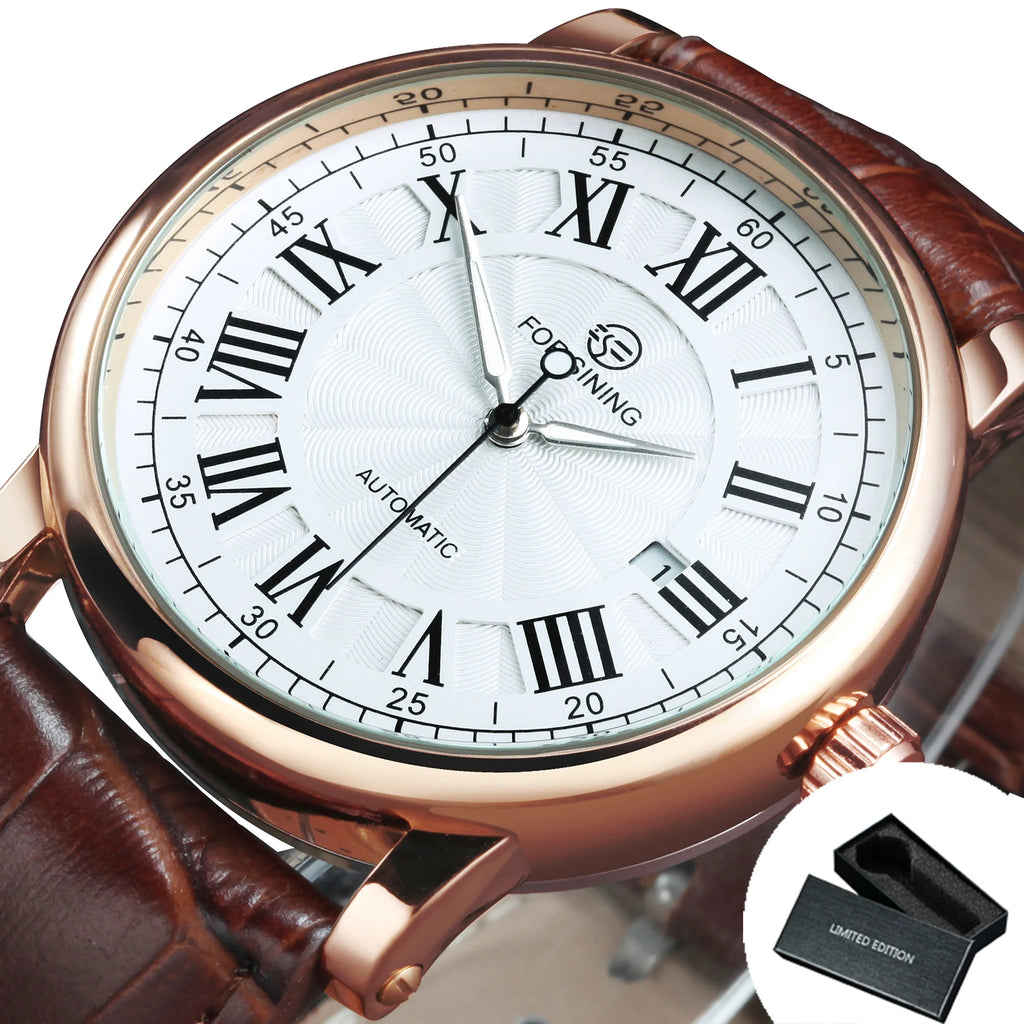 Forsining 279 Automatic Watch – Roman Numeral Dial, Leather Strap, Luminous Hands, Date Display