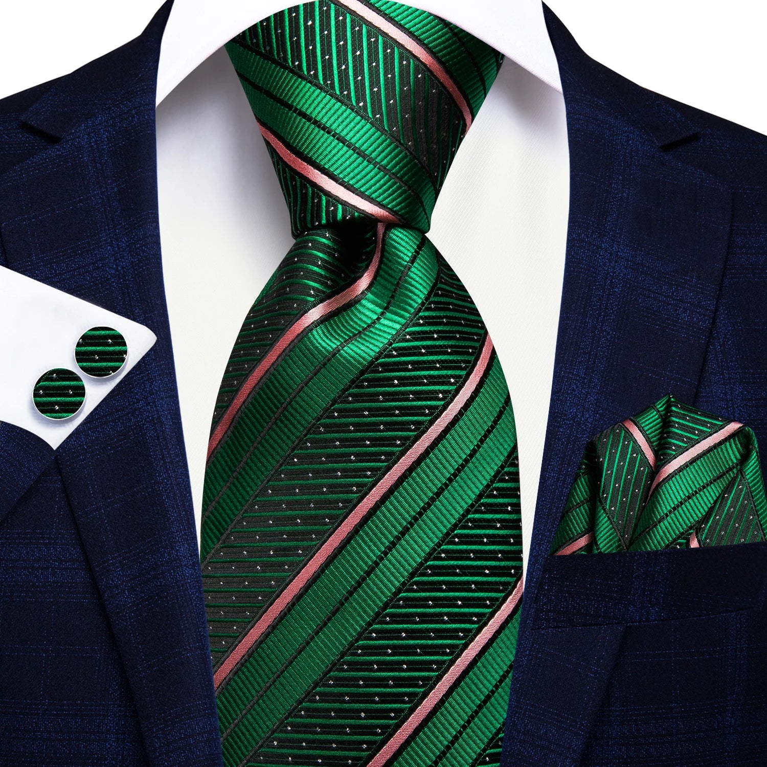 Hi-Tie Men's Striped Silk Necktie Set – Tie, Pocket Square & Cufflinks | Extra Long 170cm