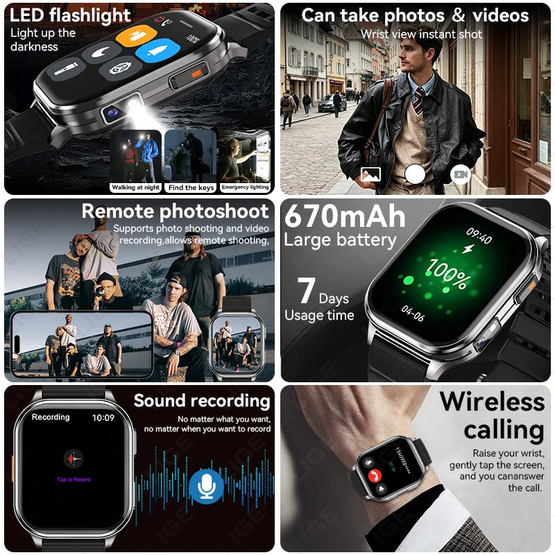 LIGE Smart Watch with Camera – 2.01" Display, 670mAh, Bluetooth Calling, IP67