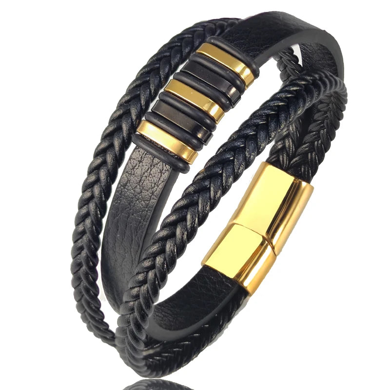 Men's Classic Leather Charm Bracelet – Stainless Steel Bead Bangle