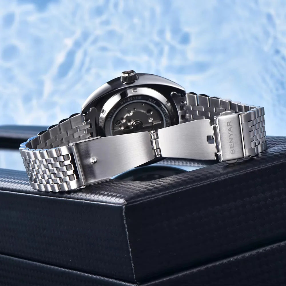 BENYAR BY-5211 Automatic Watch – Tonneau Case, Luminous Dial, Day Display, 50m Water Resistant