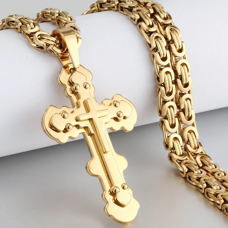 Men's Heavy Crucifix Cross Pendant Necklace – Stainless Steel Byzantine Chain