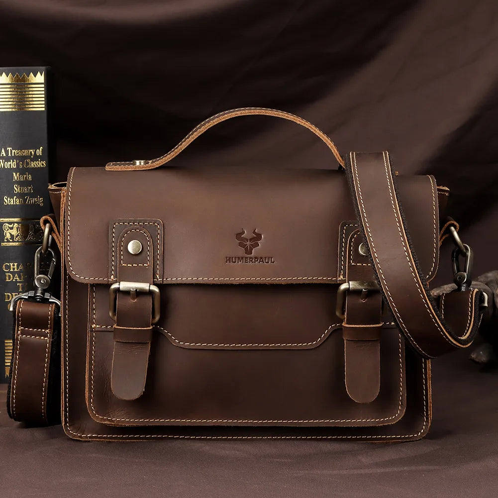 Crazy Horse Leather Messenger Bag for Men — Vintage Large Capacity Crossbody & Business Briefcase