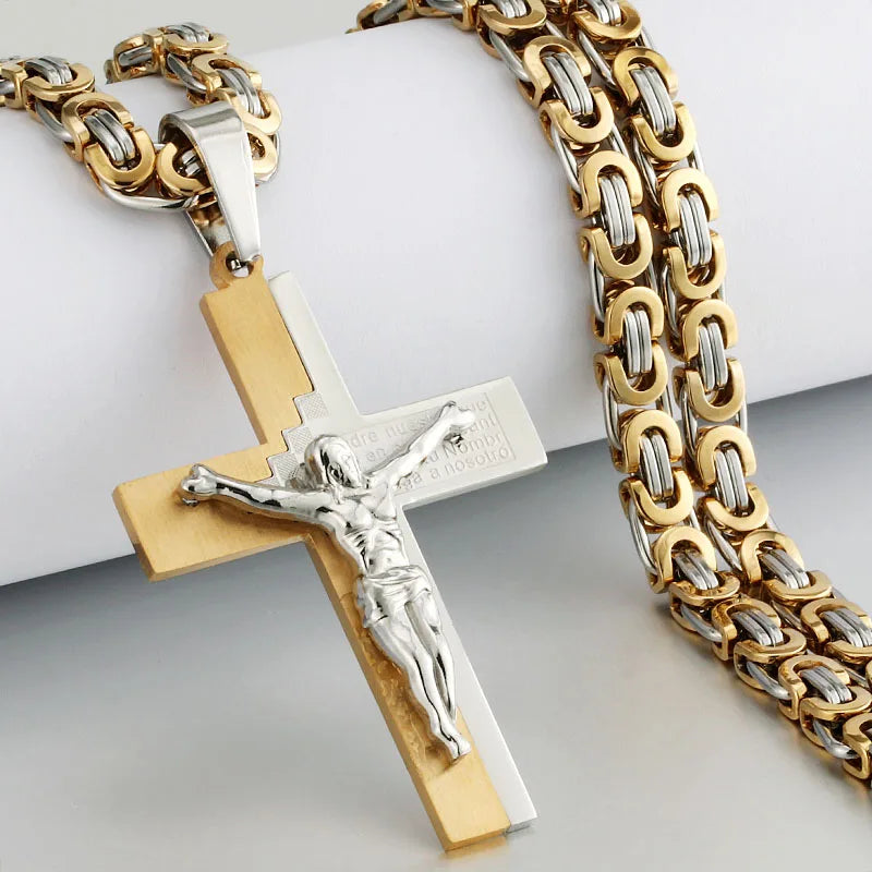 Men's Heavy Crucifix Cross Pendant Necklace – Stainless Steel Byzantine Chain