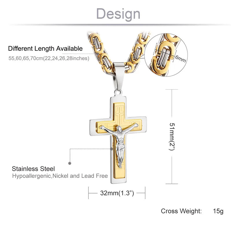 Stainless Steel Long Byzantine Chain Christian Crucifix Jesus Cross Pendants Necklaces for Men Necklace Religious Jewelry colar
