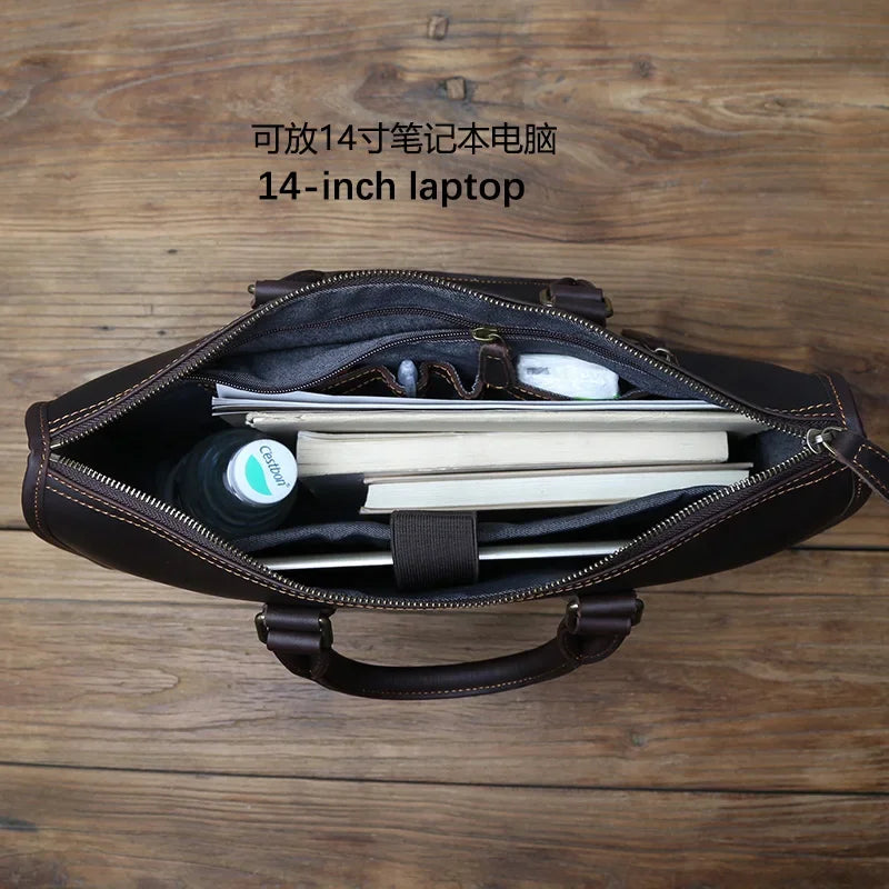Men's Genuine Leather Briefcase – Vintage Natural Cowhide Messenger, 14" Laptop, Shoulder Carry