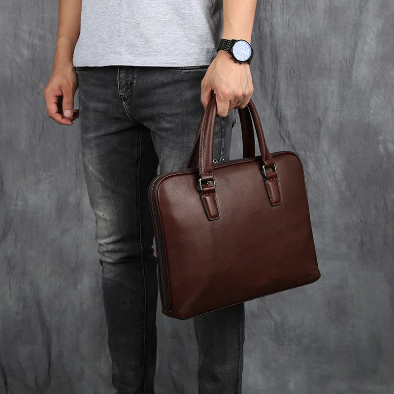 Men's Genuine Leather Briefcase – Slim Vintage Cowhide, Double Zipper, 14" Laptop, 1kg