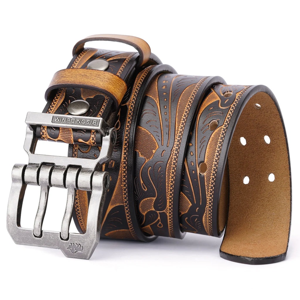 BISON DENIM Leather Pin Buckle Belt – Retro Style