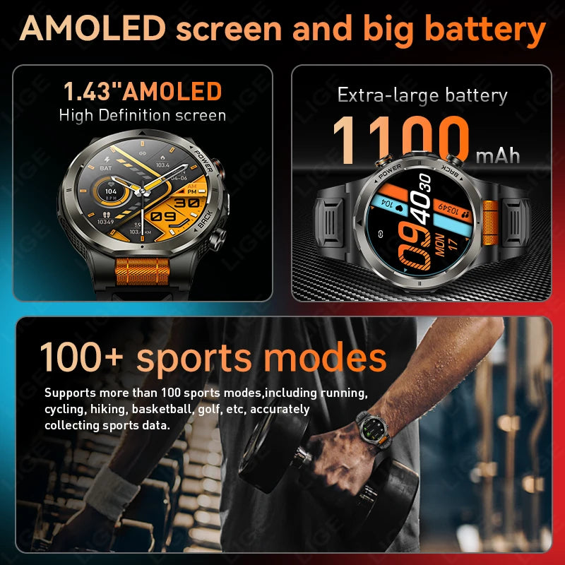 LIGE Smart Watch – 1.43" AMOLED, 1100mAh Battery, GPS, Compass, 3ATM