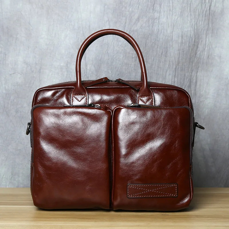 Men's Genuine Leather Briefcase – Retro Cowhide, Back 12" Tablet Pocket, 14" Laptop