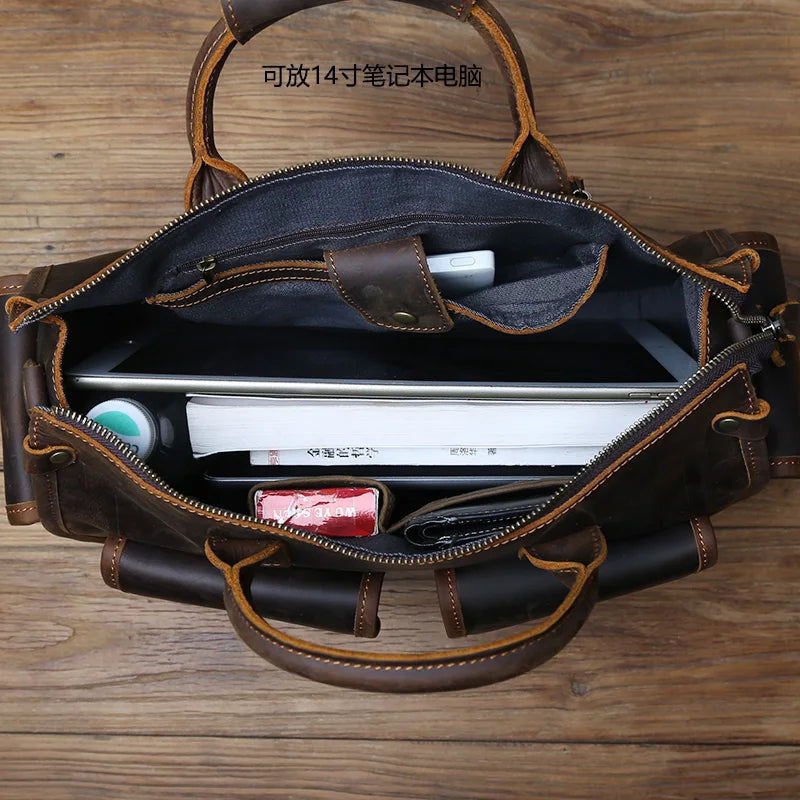 Men's Crazy Horse Leather Briefcase – Vintage Cowhide Satchel, 14" Laptop, Shoulder & Crossbody