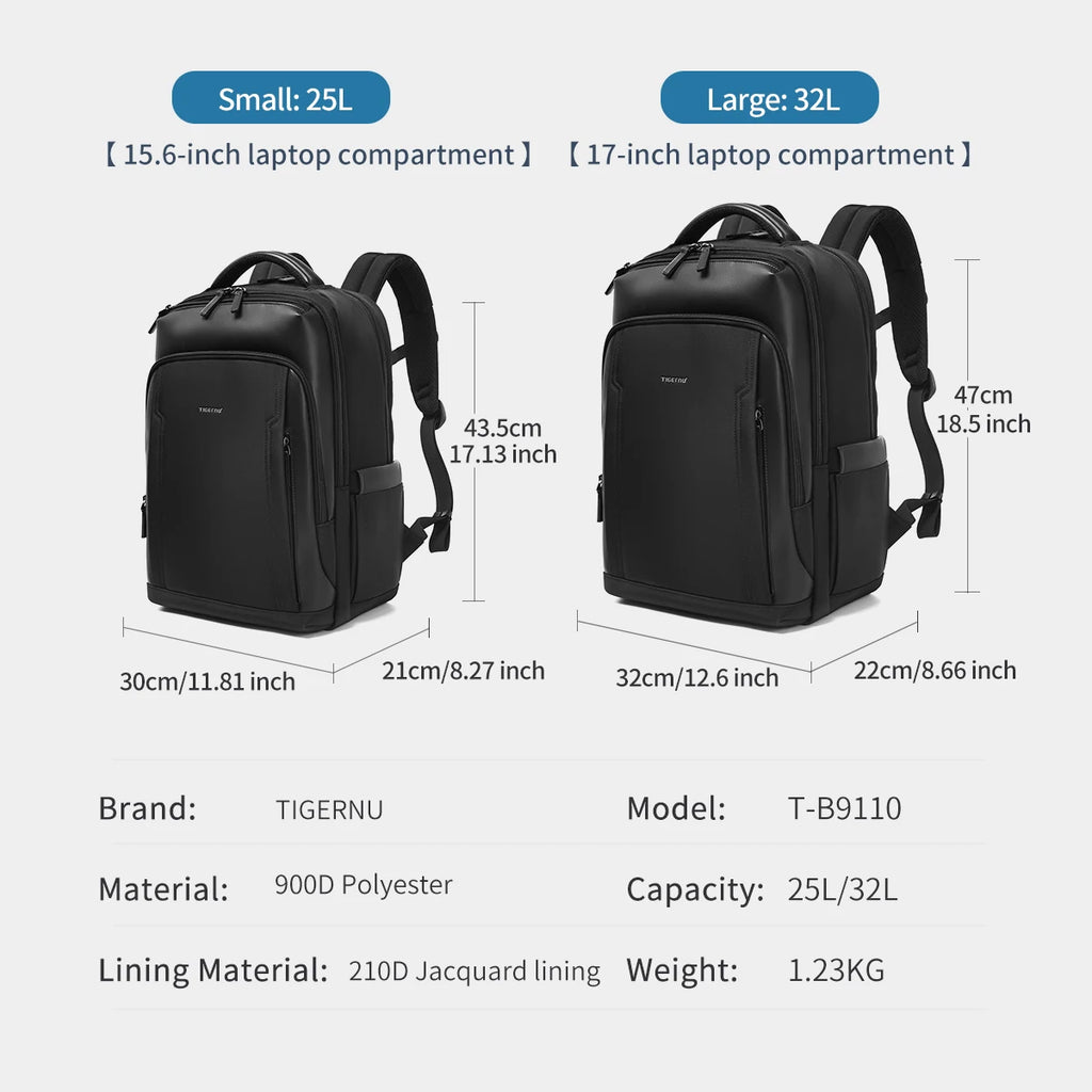 Tigernu Classic Travel Backpack – Two Sizes, Adjustable Laptop Compartment, 25–32L