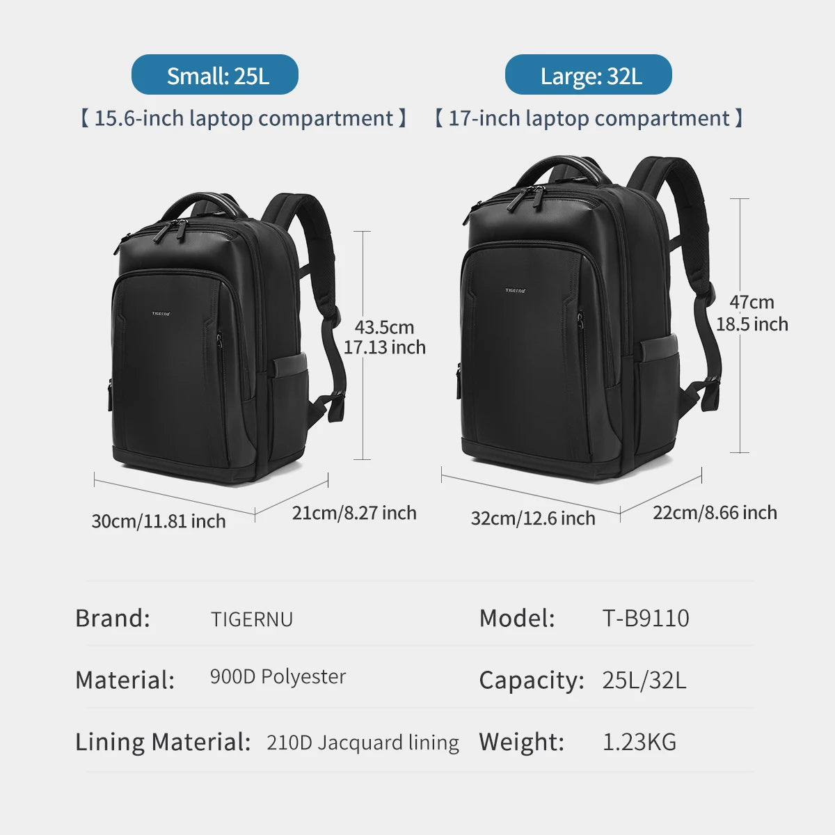 Tigernu Classic Travel Backpack – Two Sizes, Adjustable Laptop Compartment, 25–32L