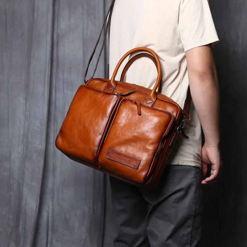 Men's Genuine Leather Briefcase – Retro Cowhide, Back 12" Tablet Pocket, 14" Laptop