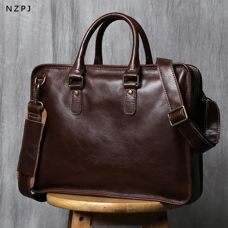 Men's Crazy Horse Leather Briefcase – Slim Natural Cowhide, 14" Laptop, Shoulder & Crossbody