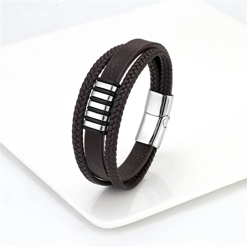 Men's Multilayer Woven Leather Bracelet – 316L Stainless Steel Magnetic Clasp