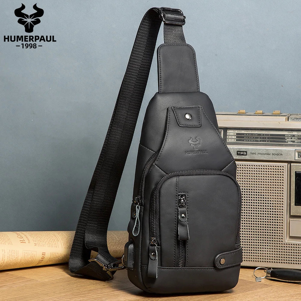 Genuine Leather Chest Bag for Men — USB Charging Crossbody & Shoulder Pack