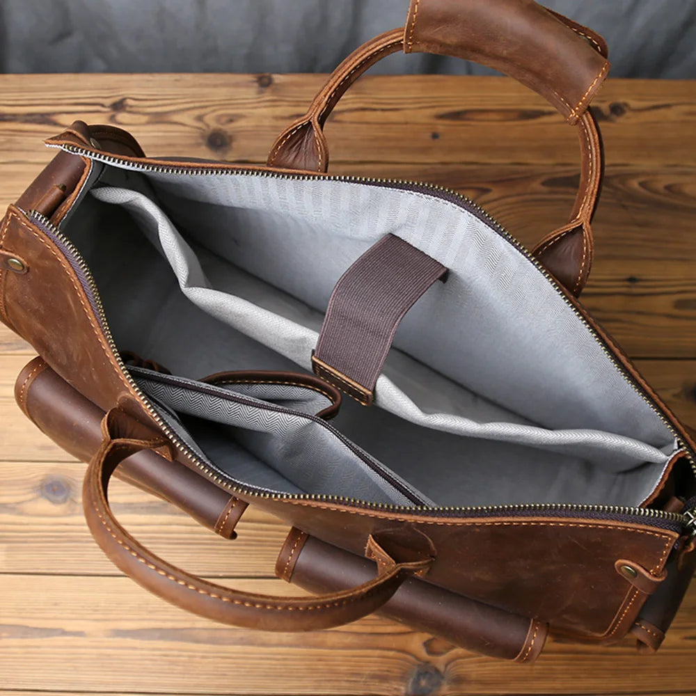 Men's Crazy Horse Leather Briefcase – Hard Structured Satchel, Rivet Detail, 16" Laptop