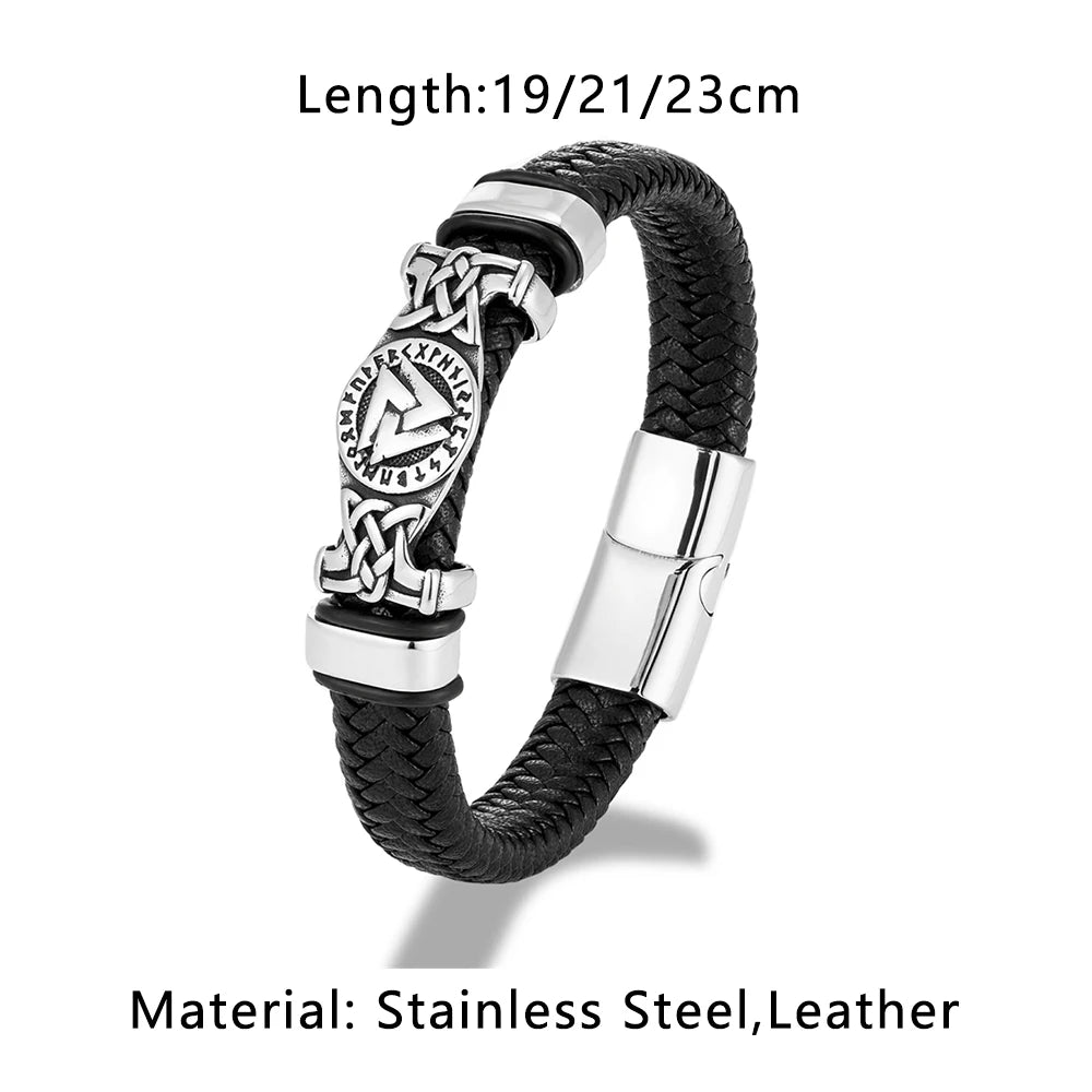 Vintage Handmade Norse Runes Valknut Bracelet Men Stainless Steel Vikings Celtic Knot Amulet Leather Bangle Scandinavian Jewelry