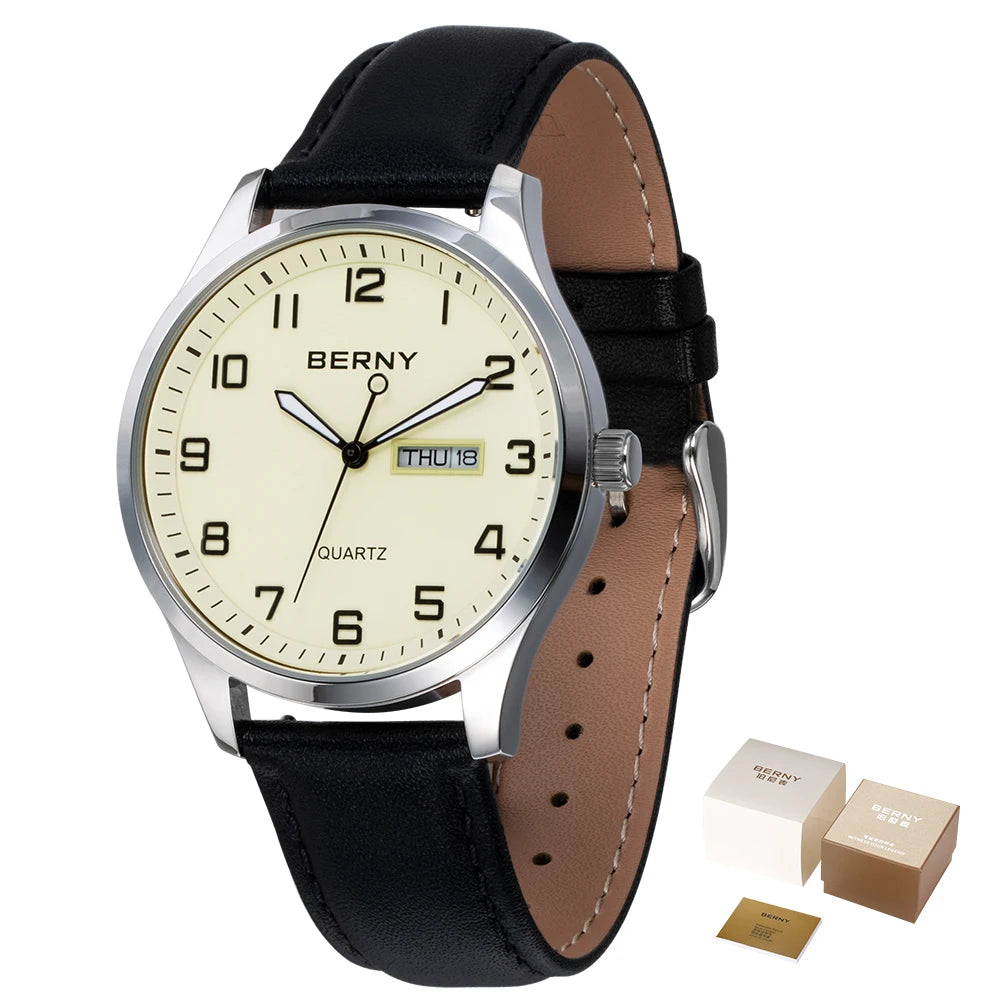 BERNY 2671M Business Dress Watch | Miyota 2105 | Genuine Leather | Day-Date