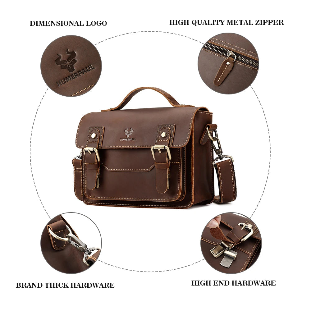 Crazy Horse Leather Messenger Bag for Men — Vintage Large Capacity Crossbody & Business Briefcase