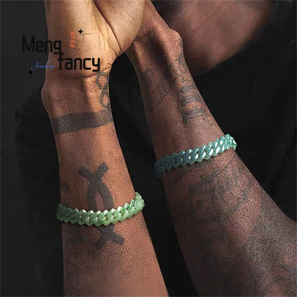 Jade Bean Green Blue Water Rhombus Cuban Chain Bracelet Necklace Jade Titanium Steel Hip - Hop Style Trendy Fashion Luxury Jewel