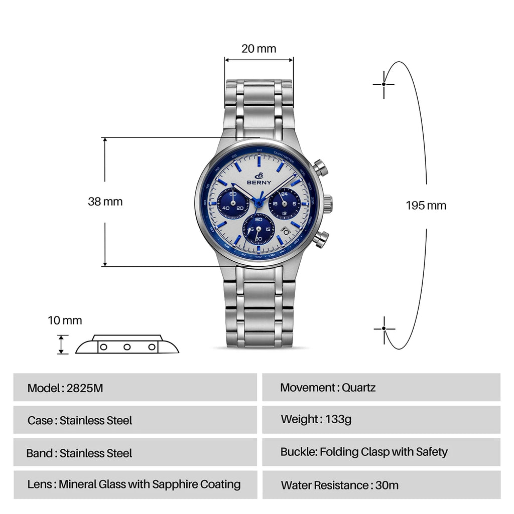 BERNY 2825M Quartz Chronograph Watch – Panda Dial, Sapphire-Coated Crystal, 38mm Stainless Steel