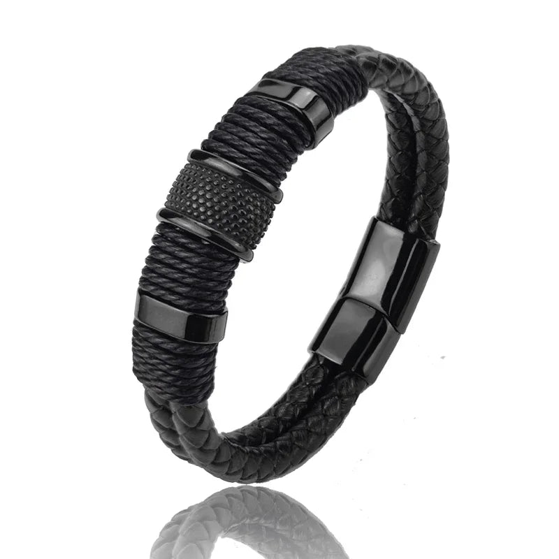 Men's Vintage Multilayer Leather Bracelet – Stainless Steel Bead Bangle