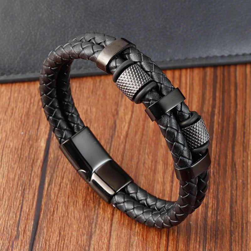 Men's Braided Leather Rope Bracelet – Stainless Steel Magnetic Clasp, Multi-Colour