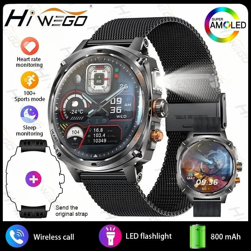 Hiwego Outdoor Smartwatch | 800mAh, 1.75" AMOLED, IP68, GPS & LED Flashlight