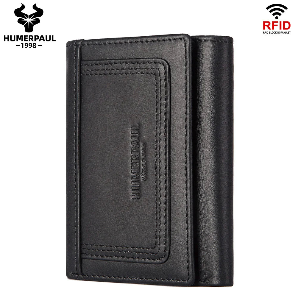 HUMERPAUL Genuine Leather Trifold Wallet – RFID Blocking, Coin Pocket & Card Holder
