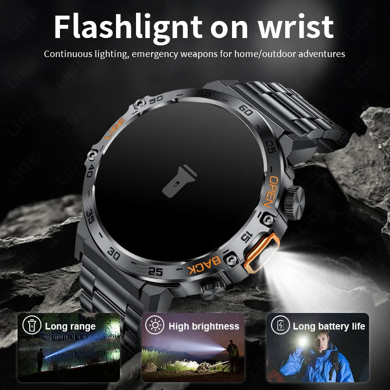 LIGE Smart Watch – 1.53" Round, 50-Day Standby, LED Flashlight, SOS, Bluetooth Calling, IP68