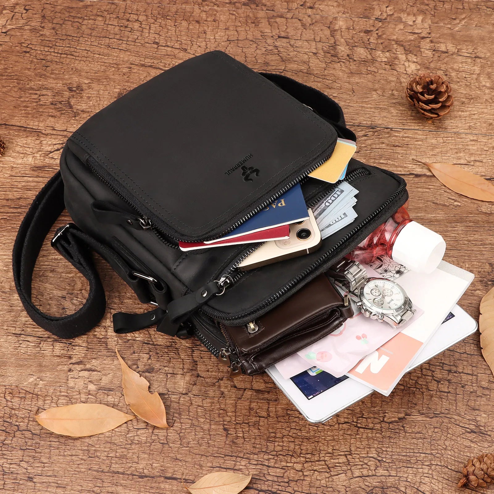 Full Grain Leather Shoulder Bag for Men — Crossbody Messenger with iPad Compartment