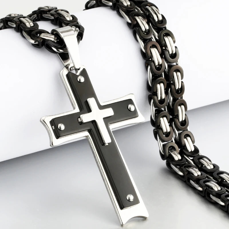 Diyalo Heavy Crucifix Cross Pendant Necklace Men Stainless Steel Male Necklaces Byzantine Chain Men Necklaces Jewelry Gifts