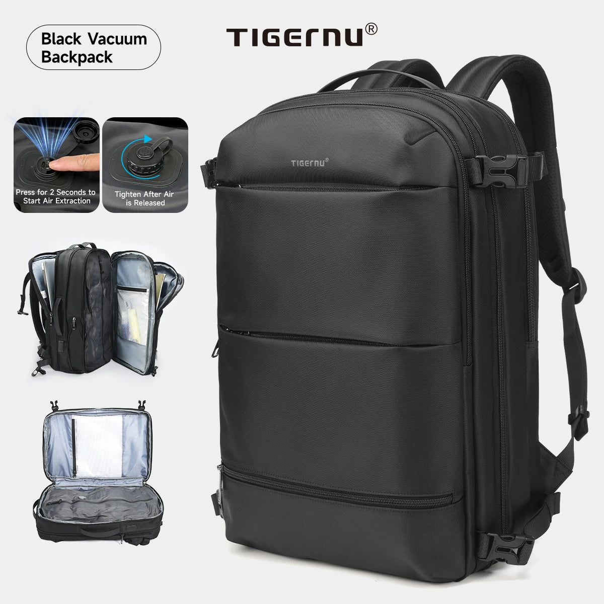 Tigernu Vacuum Compression Backpack – Expandable 27–37L, TSA Lock, USB Charging, 17" Laptop