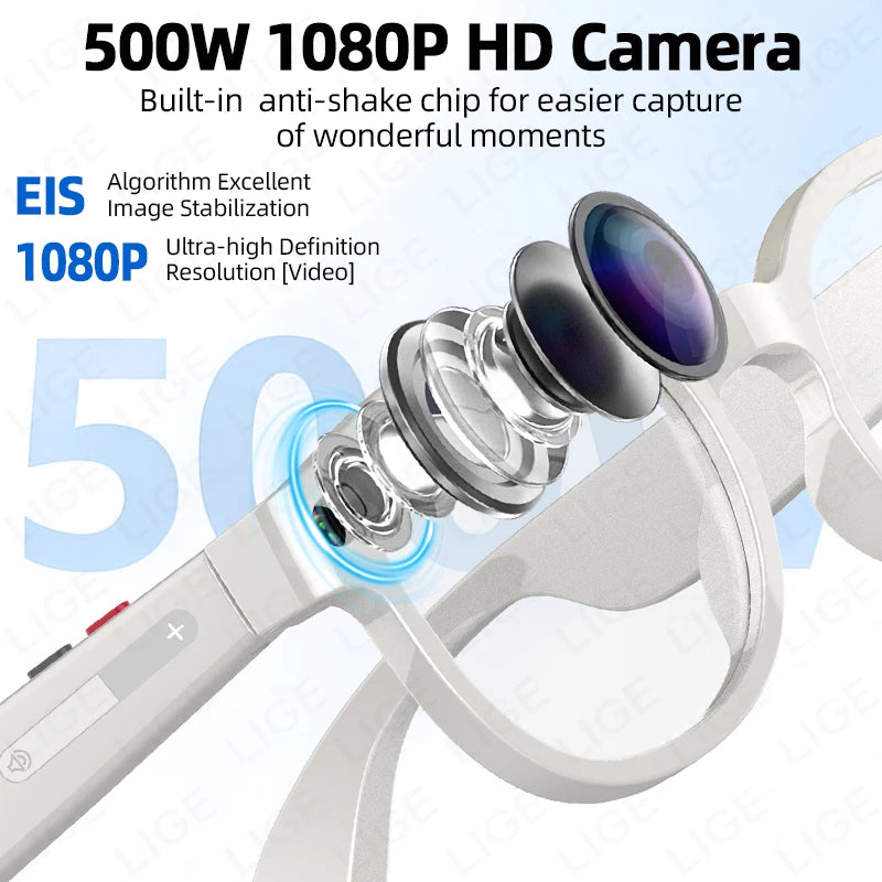 LIGE AI Smart Glasses – 1080P Camera, ChatGPT, AI Translation, 3 Lens Pairs, Fast Charge