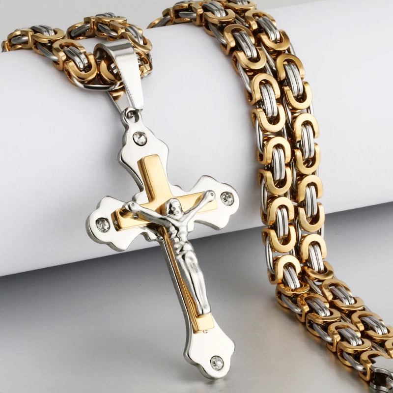 Men's Heavy Crucifix Cross Pendant Necklace – Stainless Steel Byzantine Chain