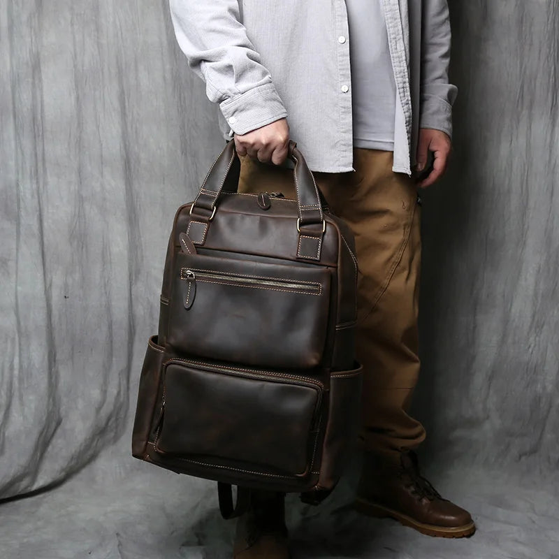 Men's Crazy Horse Leather Backpack – Retro Top-Layer Cowhide, 17" Laptop, Large Capacity