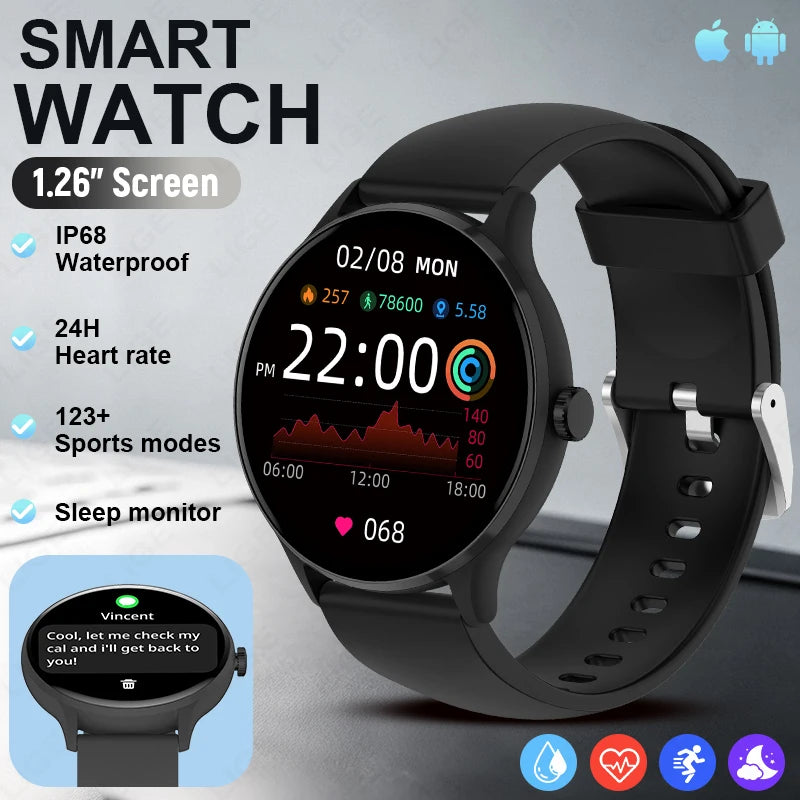 LIGE Smart Watch – 1.28" Round Display, Bluetooth Calling, Voice Assistant, IP67