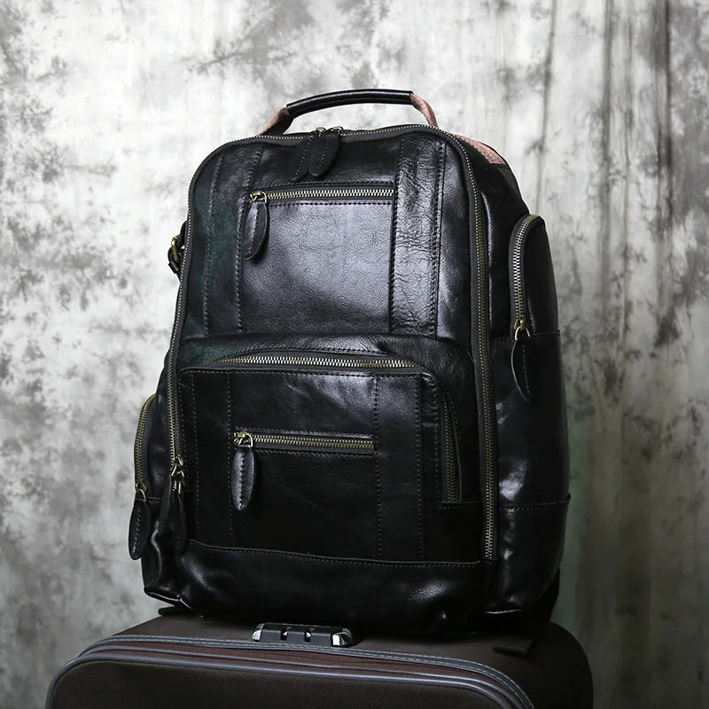 Men's Crazy Horse Leather Backpack – Large Capacity Cowhide, 3 iPad Slots, Travel & Laptop
