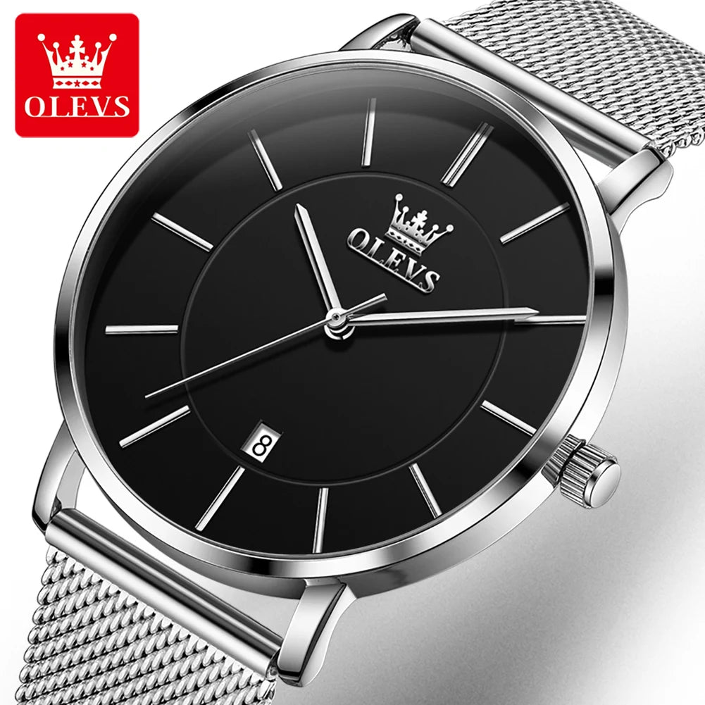 OLEVS Brand 5869 Ultra Thin 6.5mm Minimalist Fashion Quartz Watch for Men Mesh Steel Strap Auto Date Waterproof Men Wristwatches