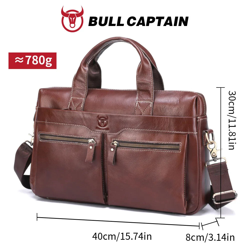 Genuine Leather Briefcase for Men — 14" Laptop Shoulder Bag with Detachable Strap
