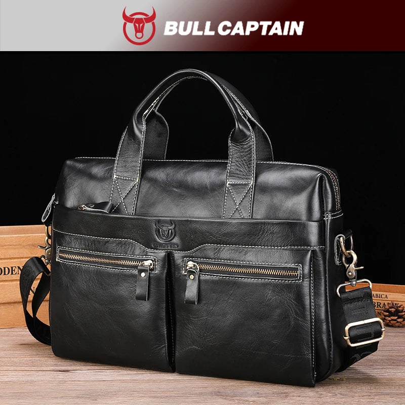 Genuine Leather Briefcase for Men — 14" Laptop Shoulder Bag with Detachable Strap