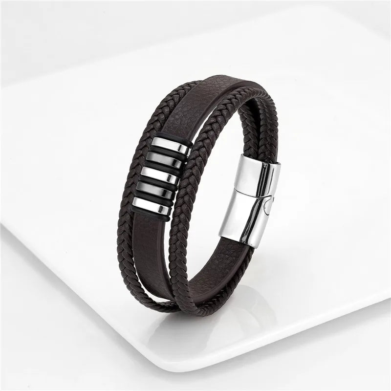 European And American Popular Stainless Steel Leather Bracelet Men's Multilayer Woven Leather Bracelet