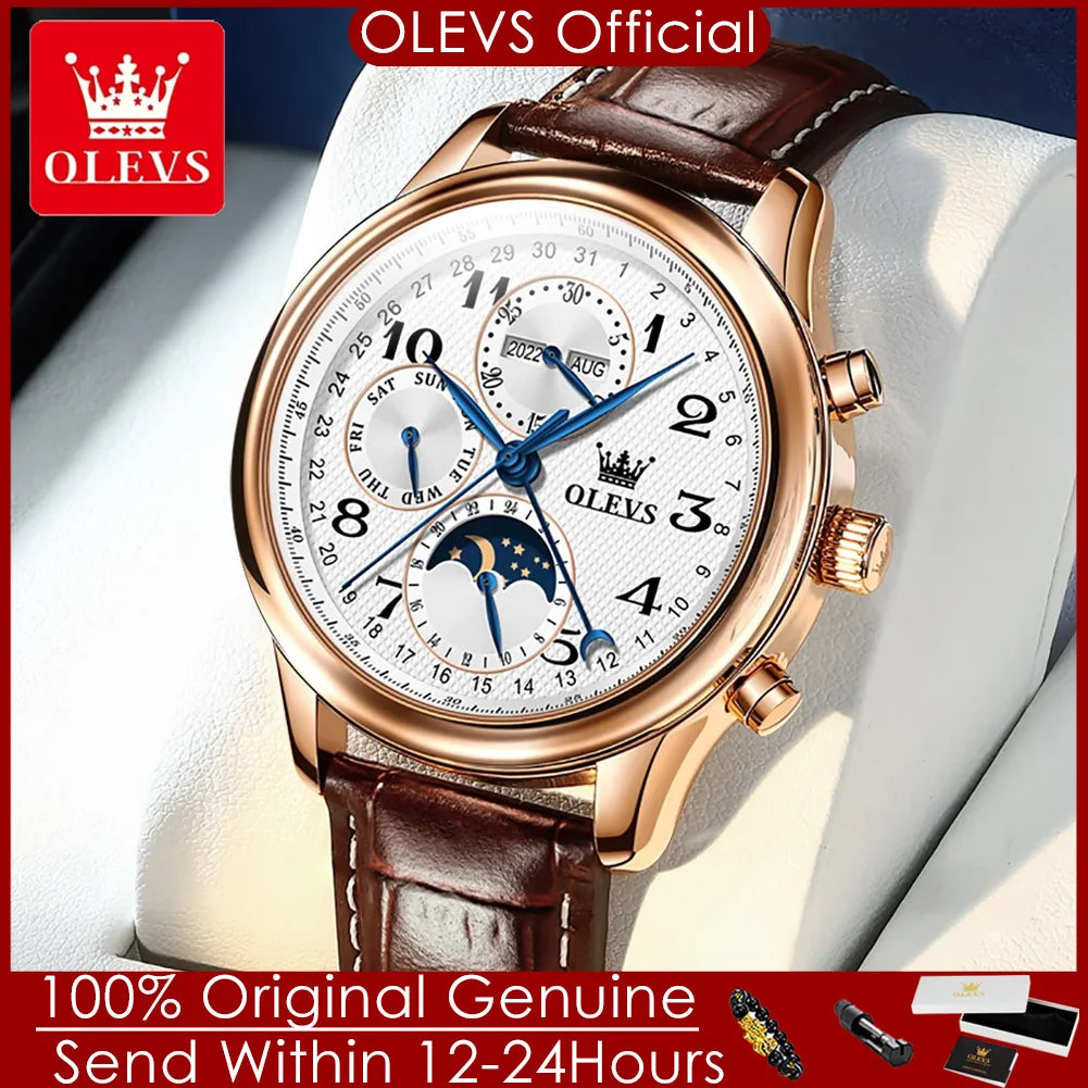 OLEVS Original Automatic Mechanical Watch for Men Leather Strap Moon Phase Waterproof  Week Calendar Business Men's Wristwatches